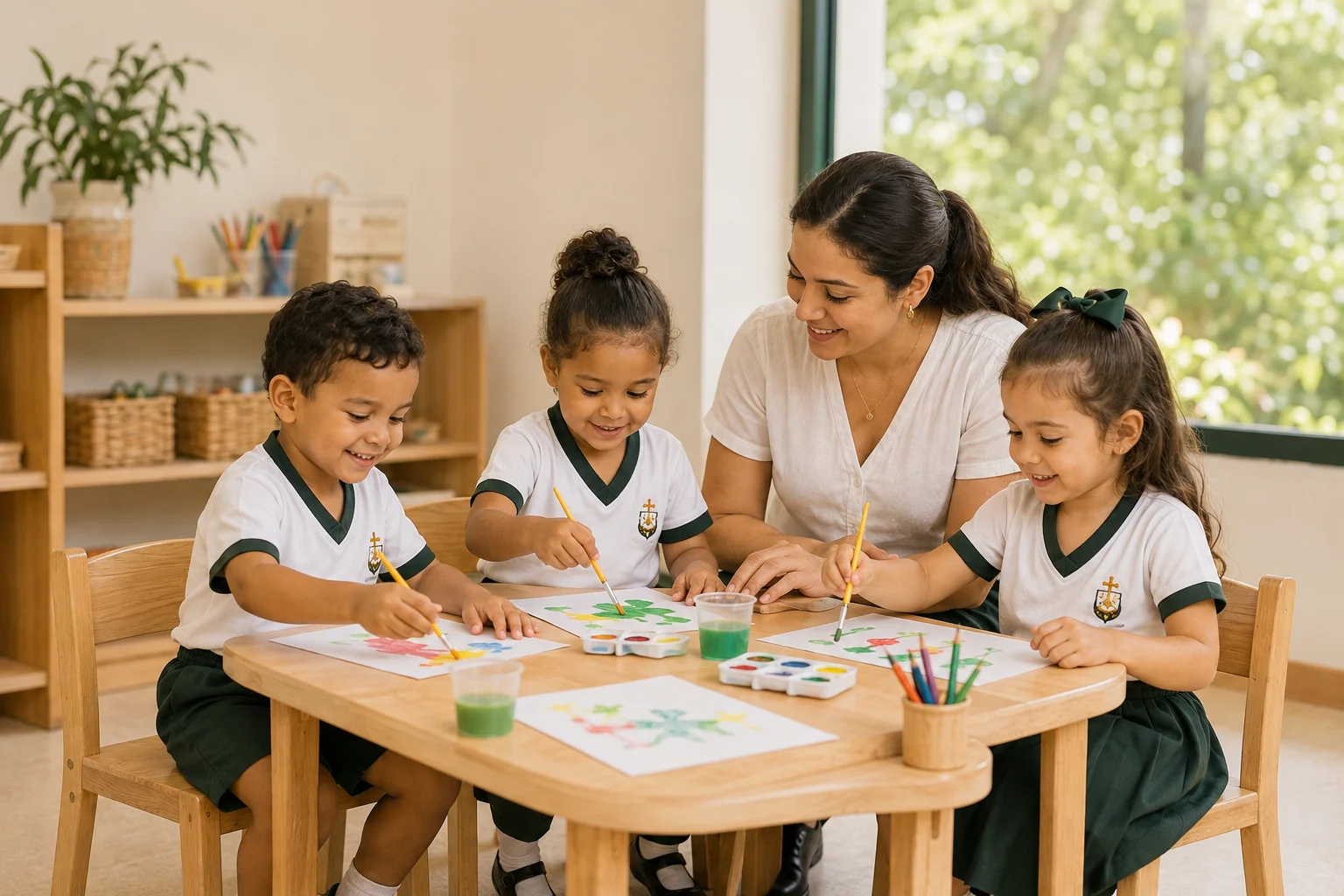 Crianças na Educação Infantil explorando cores e pintura com uma professora