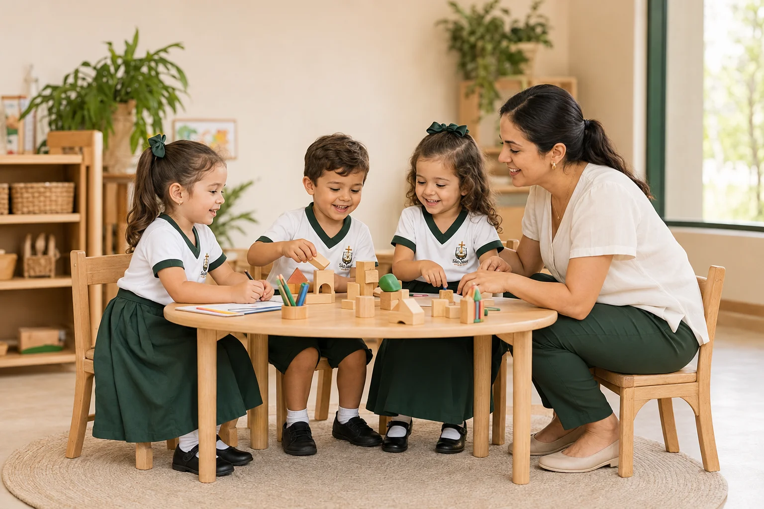 Crianças de quatro anos aprendendo com blocos e acompanhamento de uma professora