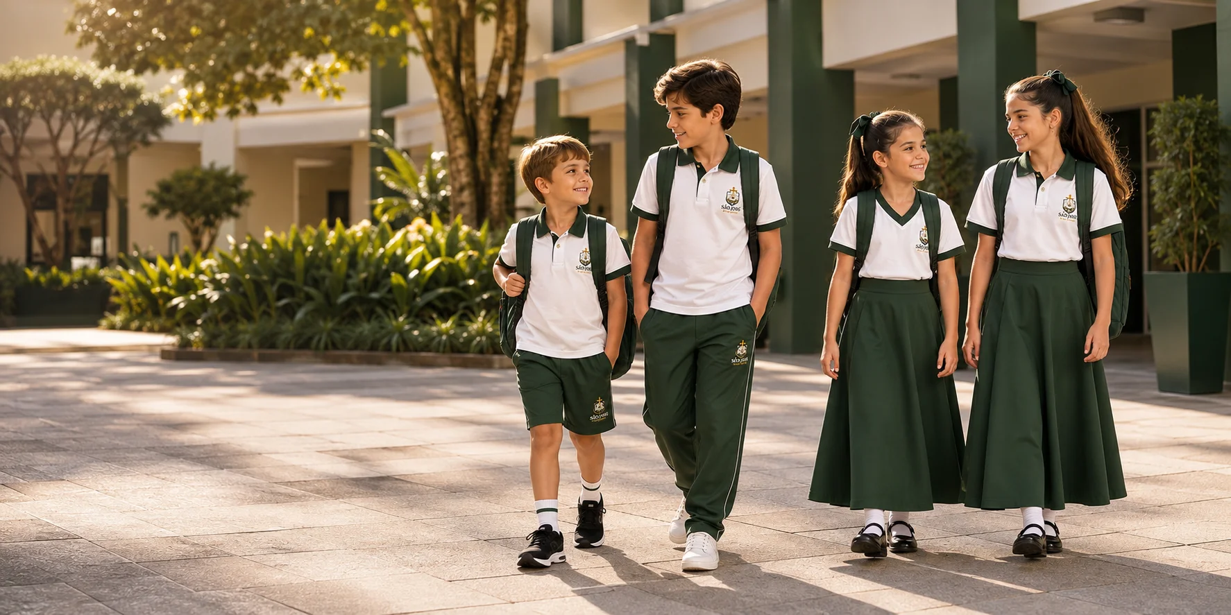 Estudantes com os uniformes verde e branco do Colégio São José Provedor